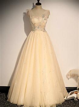 Picture of Lovely Champagne Sequins Long Party Dresses, A-line Tulle Formal Dresses